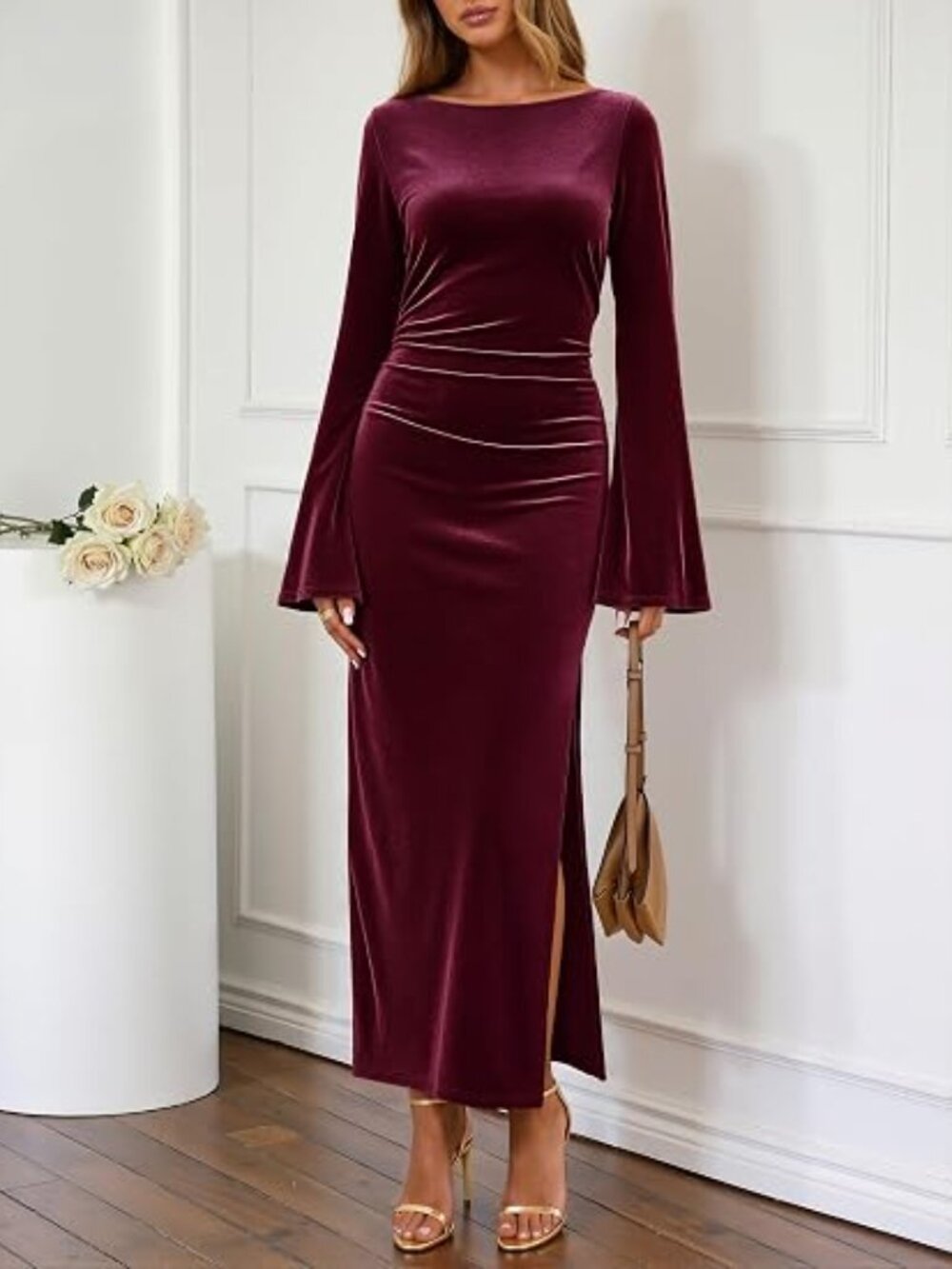 Women's Formal Fall Long Sleeve Velvet Maxi Dress 2026 Bodycon